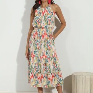 NWT! Veronica M Cynda Poplin Halter Midi Dress Tiered Colorful Print L Indie USA
